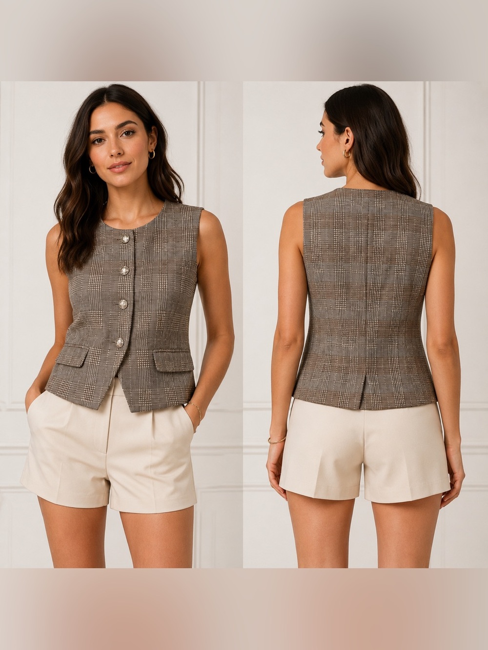 Bagatelle Collection Women’s Plaid Tailored Vest Sleeveless Button Front Size M